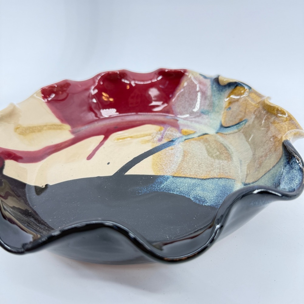 J&S Beaumont Pottery Bowl 9" Multicolor Abstract Ruffled Rim Ceramic Pie Pan - Picture 12 of 16